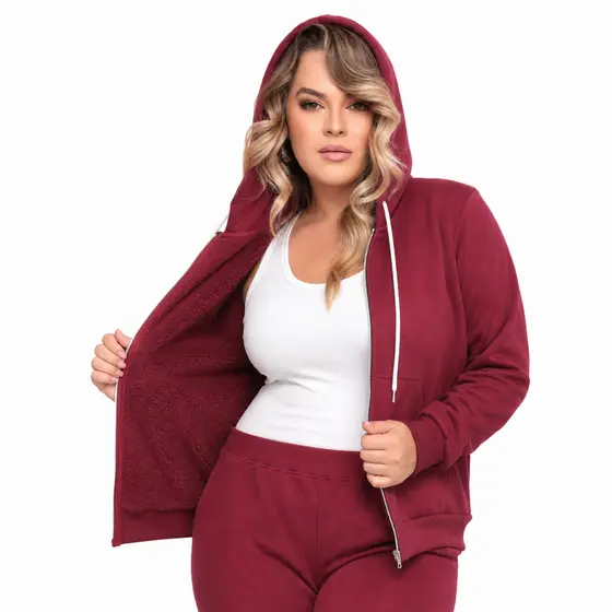 Casaco Moletom Feminino com Zíper Pelúcia Interna Quentinho Inverno