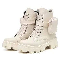 Promo Bota Coturno Feminina Sola Tratorada Zíper Lateral com Bolsinhas Removíveis Moderna Off White