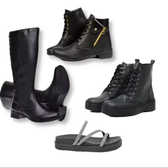 Promoção Kit Black Bota Cano Alta Montaria com Cadarço + Bota Cano Baixo Zíper + Coturno Preto sem bag + Papete Preta