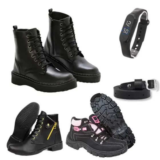 Kit Coturno Feminino no Sintético + Bota Coturno Aventure + Bota Cano Baixo + Relógio Digital + Cinto
