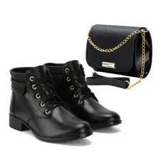 Kit Black Bota Cano Baixo Com Cadarço + Bolsa Feminina Barato