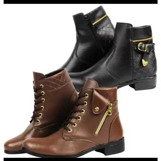 Kit 1 bota cano baixo com cardaço e zíper fake + 1 bota cano baixo zíper lateral