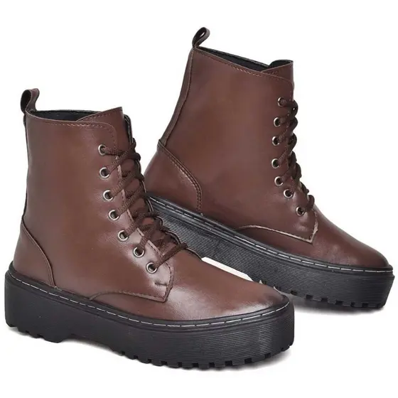 Bota Coturno Marrom Feminina Cano Curto com Cadarço Confortável Estilosa Moderna Lançamento  Vintage
