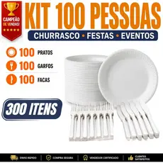 Kit Churrasco/Festa Descartável 100x Prato de Isopor + 100x Garfo + 100x Faca Transparente Forte
