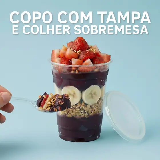 Kit 50 Copos 330ml com Tampa + Colher Sobremesa Transparente Conjunto Pronto Premium