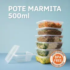 150x Pote Marmita Descartável 500ml Transparente C/ Tampa Retangular Promoção Ultra (Freezer/Micro)