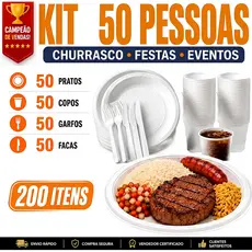 Kit Churrasco/Feijoada 50x Prato de Isopor + 50x Garfo/Faca + 50x Copo de 300ml