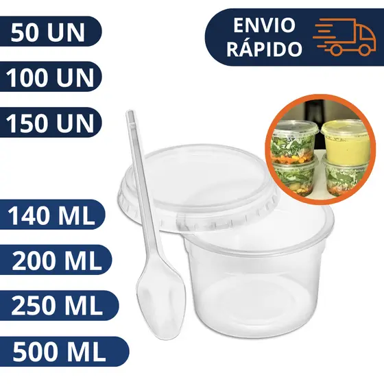 Potes Descartáveis Redondo Transparente 140/200/250/500ml com Tampa e Colher Freezer e Microondas
