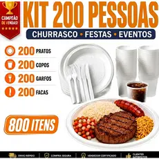 Kit Churrasco/Festa 200x Prato de Isopor + 200x Garfo/Faca + 200x Copo de 300ml