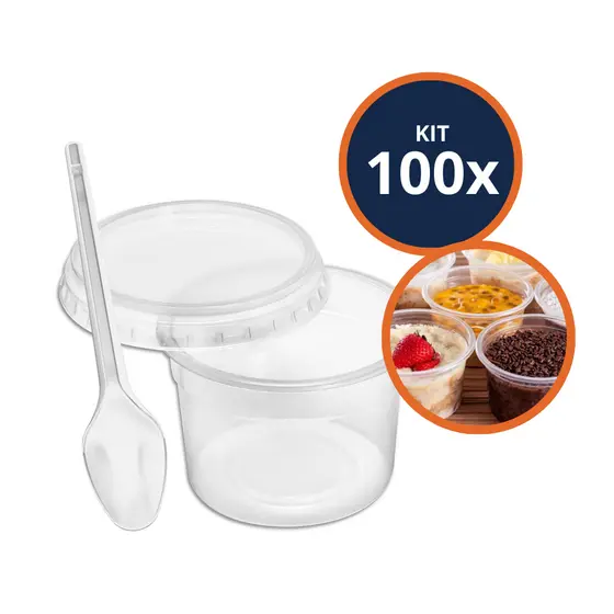 Kit 100 Potes Redondos 140ml Com Tampa E 100 Colheres de Sobremesa Transparente e Descartável Oferta