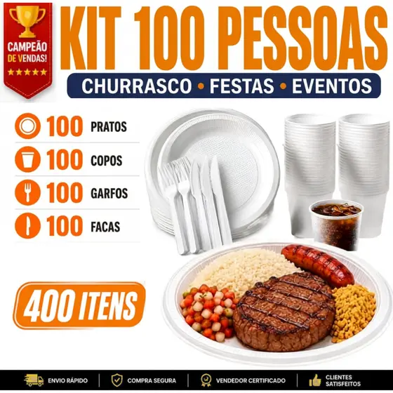 Kit Churrasco/Festa Descartável 100x Prato de Isopor + 100x Garfo + 100x Faca + 100x Copo de 300ml