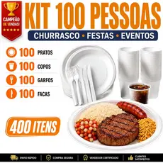 Kit Churrasco/Festa Descartável 100x Prato de Isopor + 100x Garfo + 100x Faca + 100x Copo de 300ml