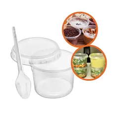 Kit 50/100/150 Potes Redondos 140ml Com Tampa E Colheres de Sobremesa Transparente e Descartável