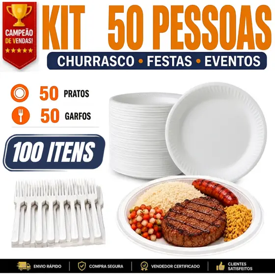 Kit Churrasco/Festa Descartável 50 Prato de Isopor + 50 Garfos Ultra Resistentes Oferta