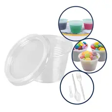 Kit Pote Redondo Transparente 100ml Com Tampa e Talher Descartável Para Molhos Gelatina Copozan