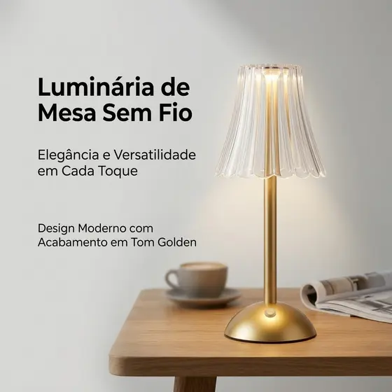 Luminária De Mesa Abajur Led 3 Cores Usb Dourado Acrílico