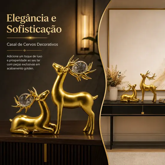 Escultura Decorativa Casal Cervos Resina Dourada Cristal