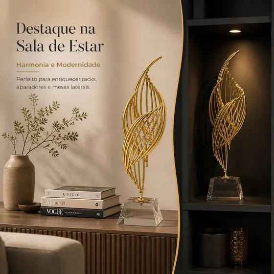 Escultura Decorativa Chama Infinita em Resina Dourada com Base Cristal Arte Moderna e Sofisticada