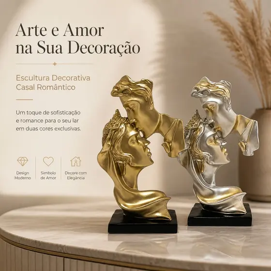 Conjunto Amor Eterno – Esculturas Decorativas Casal em Resina Champanhe e Dourado
