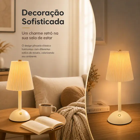 Abajur Luminária De Mesa Plissado Led Touch Recarregável 3 Cores