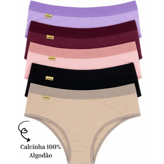Kit 5 Calcinha de Algodão Premium com Elástico Reforçado na Cintura Cós alto