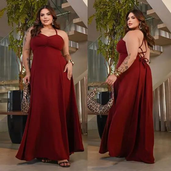 Vestido Longo Plus Size Feminino Saia Fluida e Caimento Perfeito Elegante Costas Abertas