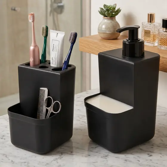 Dispenser Detergente Sabonete líquido + Porta Escovas De dentes - Kit organização e Higiene para Banheiro.