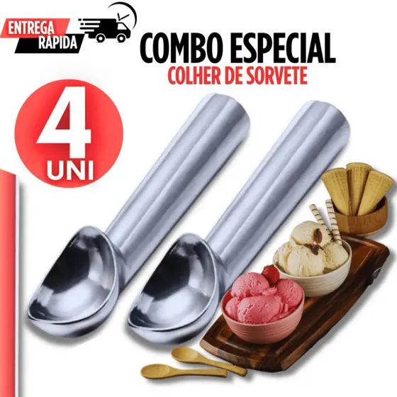 Conjunto 4 Colher Pegador de Sorvete Profissional Alumínio Fundido Para Sorveteria e Cozinha
