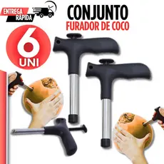 Jogo 06 Peças - Furador De Coco Em Aço Inox Resistente Abridor Manual Premium
