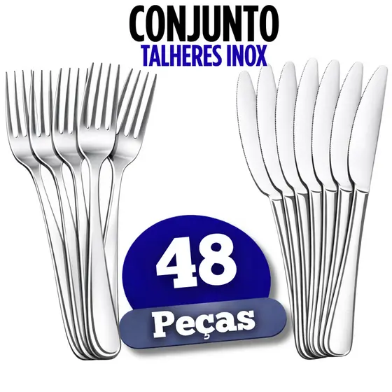 Conjunto Talheres Inox Facas e Garfos Kit Com 48, 24 e 12 Pecas Para Almoco Jantar Refeicoes e Eventos