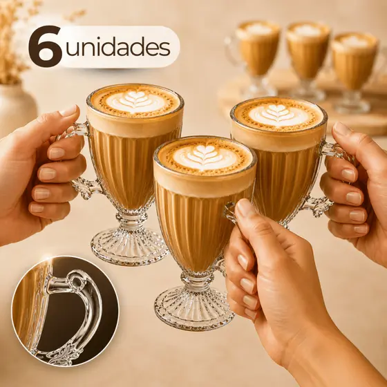 Jogo Com 6 Peças Canecas Xícara 190ml Capuccino Nespresso Café Em Vidro Elegante