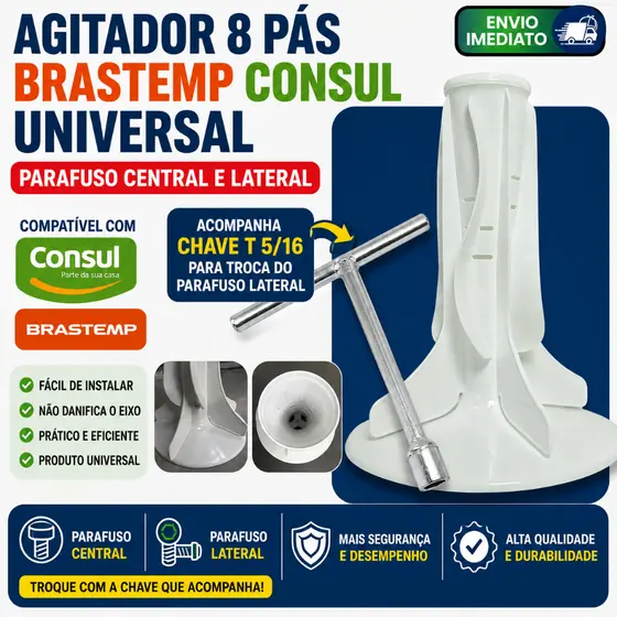 CHAVE + AGITADOR 8 BLADES 8 PÁS LAVADORA BRASTEMP/CONSUL BATEDOR MÁQUINA DE LAVAR BRASTEMP/CONSUL