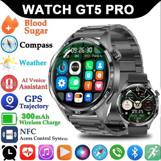 2026 GT5 Pro Relógio Inteligente GPS NFC para Homens Tela HD Monitor de Frequência Cardíaca Chamada