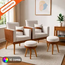 Kit 2 Poltrona Para Sala Decorativa Lis Almofada 2 Puff Redondo Corino Suede