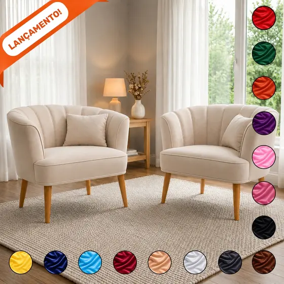 Kit 2 Poltronas Decorativa Veneza Com Almofadas Suede Com Pés De Madeira Aninha Poltronas