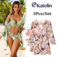 Conjunto Biquíni Feminino De Três Peças Saída De Praia Quimono Florido