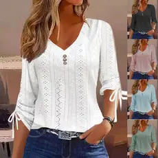 Período de primavera e outono Camiseta feminina de manga comprida solta com botão jacquard de cor sólida com decote em V
