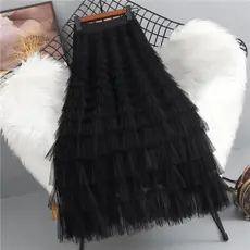 A Primavera e o verão Elasticidade Saia Feminina Em Camadas De Tule Com Babados Malha Longa Maxi
