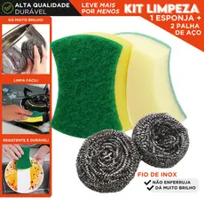 Kit Limpeza 2 Palhas de Aço Inox + 1 Esponja Dupla Face Verde Para Cozinha Panelas Fogão Multiuso MN