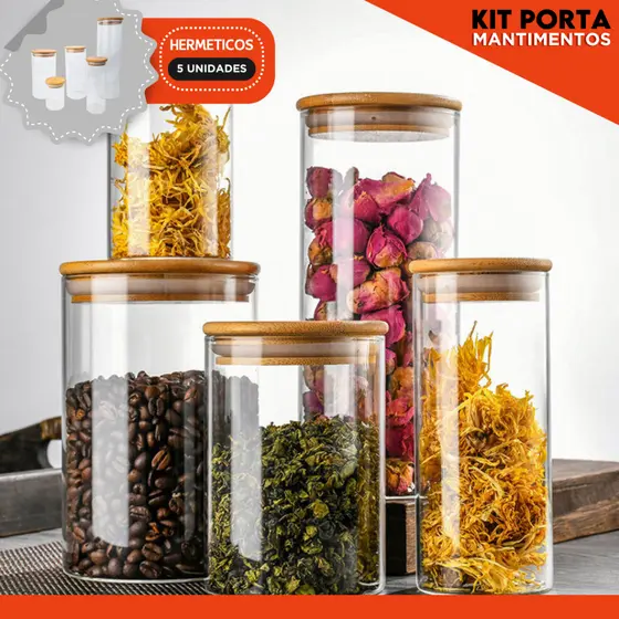 Kit Porta Mantimentos com Tampa de Bambu – 5 Potes Herméticos – Para Grãos, Café, Chás e Mais