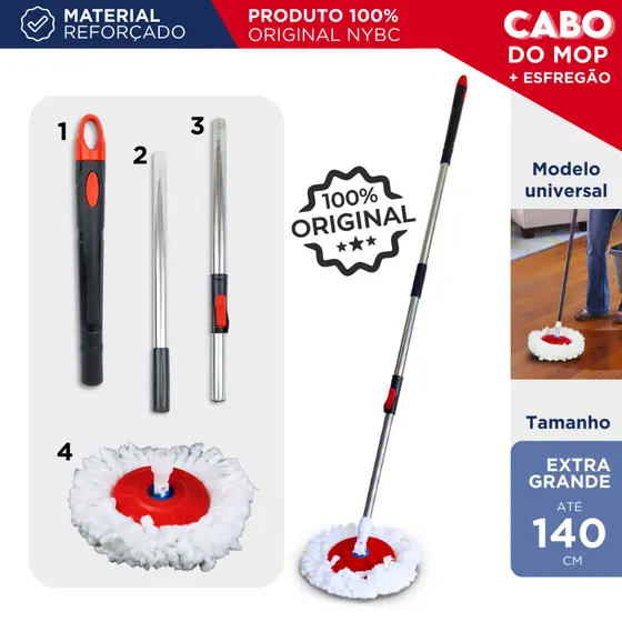 Cabo de Mop Giratório com Esfregão | 140cm | Limpeza Sem Esforço - MN