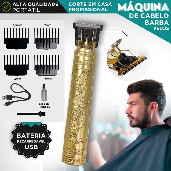 Máquina de Cortar Cabelo e Barba Profissional Recarregável USB Dragão 4 Pentes Lâmina de Aço - MN