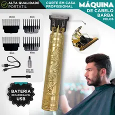 Máquina de Cortar Cabelo e Barba Profissional Recarregável USB Dragão 4 Pentes Lâmina de Aço - MN