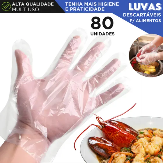 Luvas Plásticas Descartáveis Para Cozinha Alimentos Limpeza Higiene Multiuso 80 Unidades