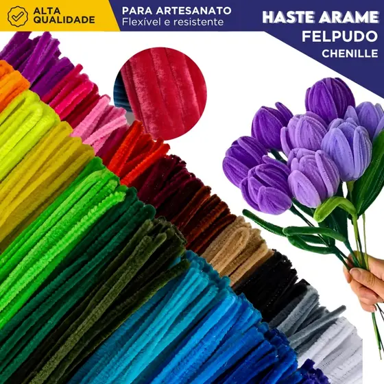 Haste Chenille 100 Unidades 30cm Colorido Limpador de Cachimbo Arame Felpudo Artesanato Escolar - MN