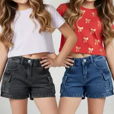 Kit short jeans modelo cargo menina bolso laterais estilosos