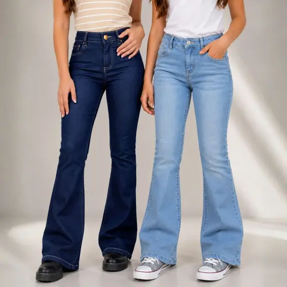Calça Flare Jeans Menina Boca Larga Feminino Com Elastano Combo Infantil Juvenil Bolso