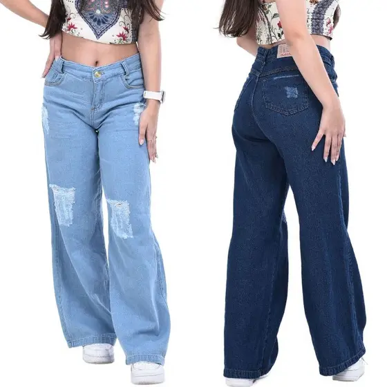 Calça Jeans Wide Leg Feminino Infantil Juvenil Denim Cintura Alta Bolso Pantalona