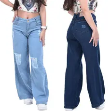 Calça Jeans Wide Leg Feminino Infantil Juvenil Denim Cintura Alta Bolso Pantalona