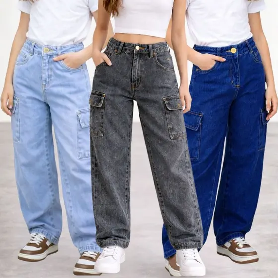 Calça Jeans Cargo Feminina Infanto Juvenil Com Bolso Laterais Tecido 100% Algodão
